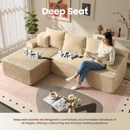 ovios 96" Cloud Sectional Couch with L-Shape Chaise,Modern Modular Sofa with Deep Seat, Upholstered Couches for Living Room Bedroom,No Assembly Required, Beige (Plush Corduroy Fabric)