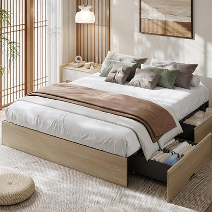Garvee King Bed Frame with 2 Storage Drawers, Wood Platform Floor Bed Frame Without Headboard, Wood Slat Support, No Box Spring Needed, Easy Assembly