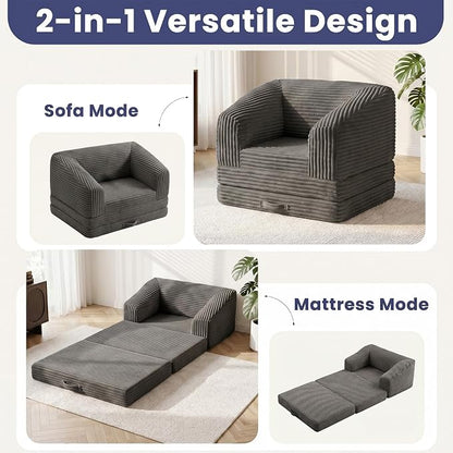JUIKURY Convertible Sofa Bed, 3-in-1 Foldable Loveseat Couch with Armrest, Corduroy Floor Sofa & Sleeper Bed, No Assembly High-Density Foam Futon Mattress for Living Room, Small Apartment, Dorm