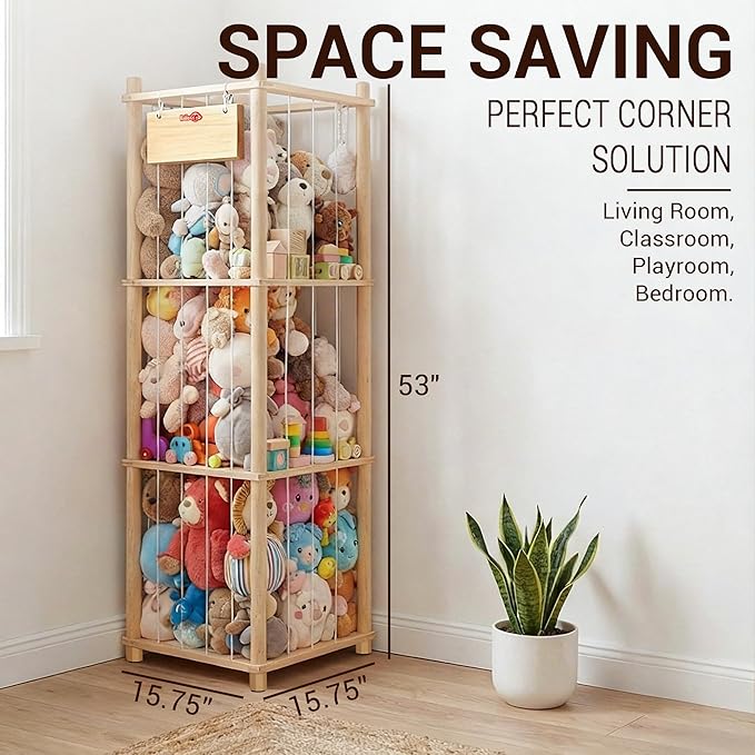 KiddoCood Kids CPC & TIC Certified Stuffed Animal Storage - 3-Tier Large Natural Solid Wood Plush Toy Organizer & Holder, Corner Solution for Playroom & Nursery, BPA-Free & Zero Glue, 53" H