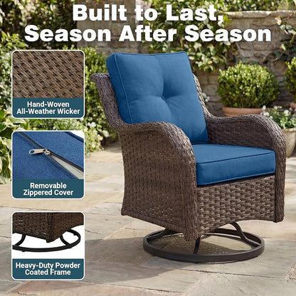Patio Furniture Set, 3PCS Outdoor Wicker Conversation Set Porch Furniture with 6" Thick Cushions, High Back Swivel Chairs, Weather Resistant Olefin Fabric for Garden, Poolside, Navy Blue