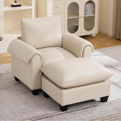 44.5" Faux Leather Single Sofa with Movable Ottoman, Oversized Accent Chair with Curved Armrests, Cloud Modern Sofa Upholstered Reading Lounge Armchair for Living Room, Bedroom，Beige