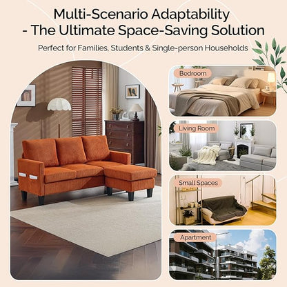 VINGLI 68.5' L Shaped Couch with Movable Storage Ottoman, Convertible Sectional Sofa in Soft Corduroy Fabric, Modern Reversible Chaise Couch for Small Spaces, Apartment, Living Room，Orange