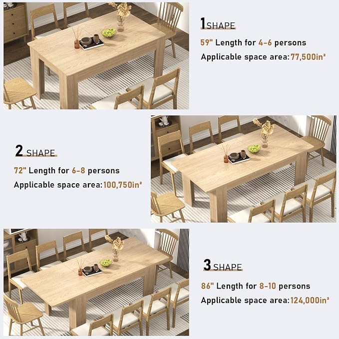 59"-86" Extendable Dining Table for 6-8 Person, Wooden Dining Room Table, Modern Extendable Table for Gatherings, Meeting for Small Kitchens, Dining Office Areas(Natural)