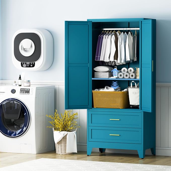71" H Armoire Wardrobe Closet with 2 Drawers, Metal Wardrobe Closet with Doors and Adjustable Shelves, Wardrobe Cabinet with Hanging Rod, Closets for Bedroom, Laundry Room, Blue