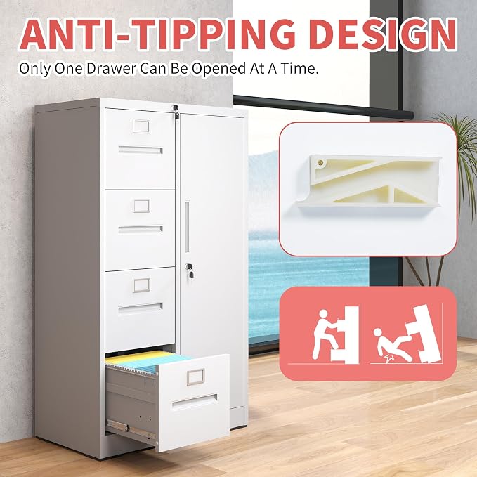 IKIMI Locking File Cabinet with 4 Drawers and 1 Door,White Metal Storage Locker Cabinets for Employees,Home Office Filing Cabinets for Legal/Letter Size Files, Assembly Required
