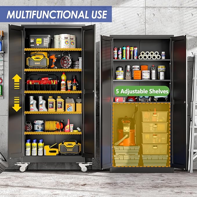 75" Metal Garage Storage Cabinet with Wheels and Locking Doors and Tall Rolling Steel Tool Cabinet with 5 Adjustable Shelves for Garage,Home,Office,Shop (Black, 75''H x 32''W x16''D)