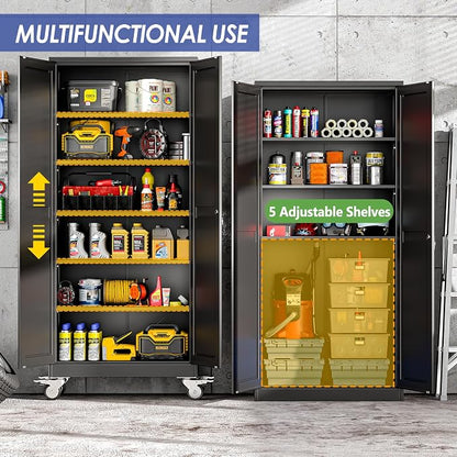 75" Metal Garage Storage Cabinet with Wheels and Locking Doors and Tall Rolling Steel Tool Cabinet with 5 Adjustable Shelves for Garage,Home,Office,Shop (Black, 75''H x 32''W x16''D)