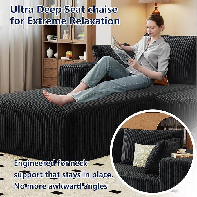 96" Modular Sectional Sofa, Modern Corduroy Cloud Couch with Deep Seat, Boneless Couch Upholstered 3-Seater L-Shaped Sofa for Living Room, No Assembly Required (Black, Left-Facing Chaise)