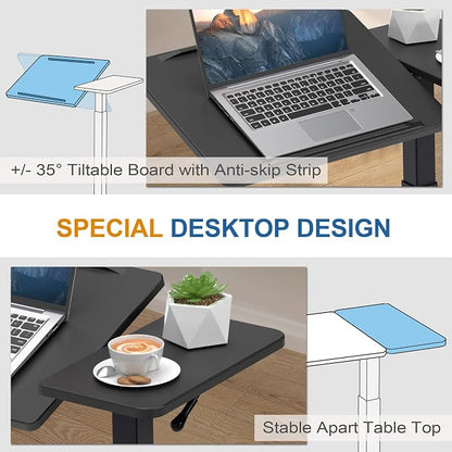 Adjustable Overbed Bedside Table with Hidden Wheels, Pneumatic Tilt Board Rolling Laptop Standing Desk Cart, Mobile Over Bed Sofa Chair Side End Tables, Walnut (Black)
