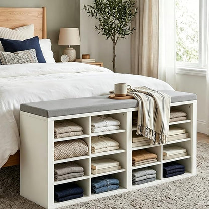 Shoe Rack Bench, Shoe Storage Bench with Cushion, Shoe Organizer 16 Cubbies for Entryway Hallway Bedroom Living Room, Holds Up to 400lbs