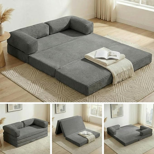 Convertible Sofa Bed King,5-in-1 Folding Boneless Couch Corduroy Futon Sofa Bed,Tri-Fold Mattress with Removable Armrests & Handle,Sleeper with Pull Out Bed for Small Space Living Room Bedroom