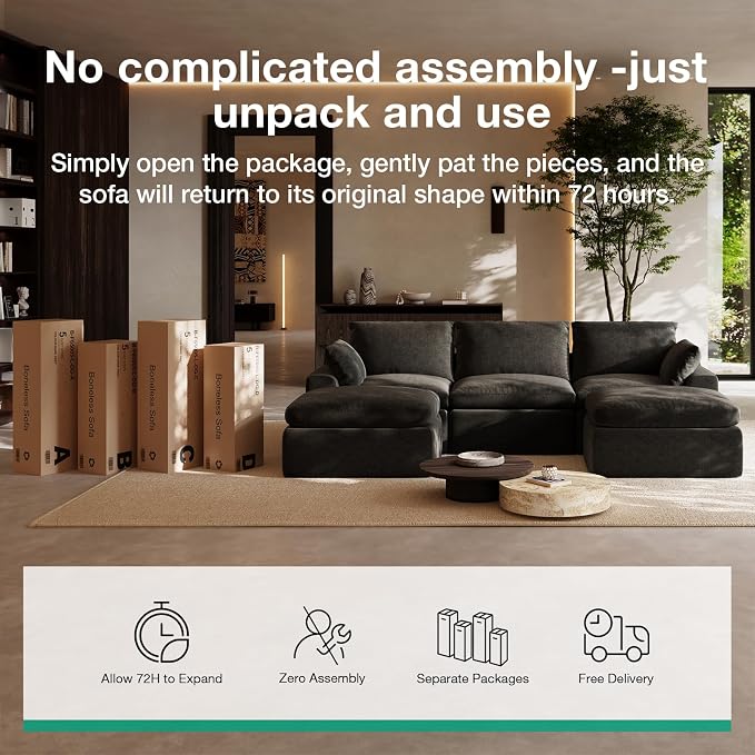 Novilla 133.8" Modular Cloud Couch, Modern Sectional Sofa with Smarts Coil® Support, Chenille Fabric, Upholstered Couch for Living Room Apartments Bedroom, No Assembly, 4 Seater + 2 Ottoman, Dark Grey