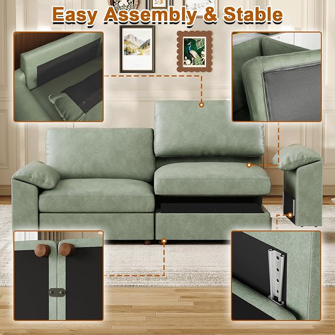 EASE MOOSE Loveseat Sofa for Living Room,Oversized Deep Seat Modular Sectional,Classic Comfy 2 Seater Sofas,Scratch Resistant Faux Leather Couch for Small Spaces, Green