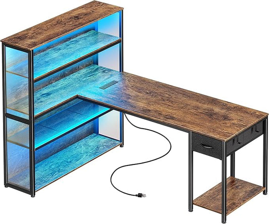 PRAISUN 57 Inch L Shaped Gaming Computer Desk with Larger Open Cabinet, Reverisble Office Desk with Power Outlets, LED Lights, Work Desk, Fabric Drawer, Adjustable Wood and Mesh Shelf, Rustic Brown