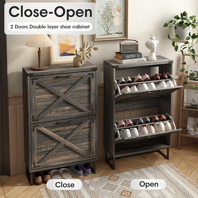 Maupvit 24" W Farmhouse Shoe Cabinet Storage for Entryway, Freestanding Organizer with 2 Flip Drawers, Narrow Shoe Rack Cabinet with Metal Corner Decoration, Dark Rustic Oak