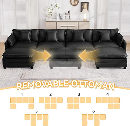 147'' Sectional Cloud Deep Seat Couch, Oversized Leather U Shaped Sectional Sofa for Living Room Set, Comfy Upholstered Modular Sectional Sofa Couch with Movable Ottoman, Leather Black