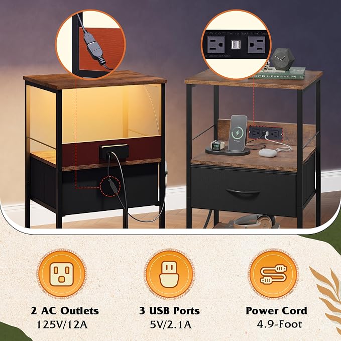 WLIVE Night Stand with Charging Station, LED Nightstand with Fabric Drawer and Open Shelf, Small Bedside Table for Bedroom, Dorm, Small Space, Black and Rustic Brown