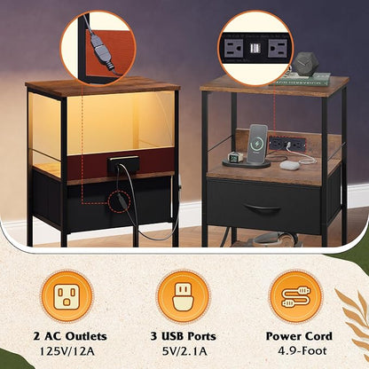 WLIVE Night Stand with Charging Station, LED Nightstand with Fabric Drawer and Open Shelf, Small Bedside Table for Bedroom, Dorm, Small Space, Black and Rustic Brown