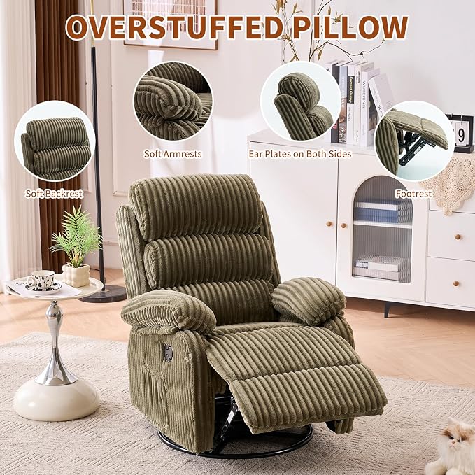Plush-Soft Velvet 360° Swivel Rocking Chair Nursery Recliner - High Back Gliding Recliner Chair, Plush Footrest, Supportive Armrests & Side Storage Pocket, Ideal for Nursery & Living Room, Green