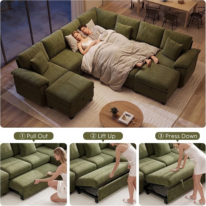 Ihanherry 108" Modular Sectional Sofa with Pull Out Bed, 9-Seater U Shaped Sectional Sleeper Couch with Storage, Chenille Convertible Couches for Living Room, Apartment (Green)