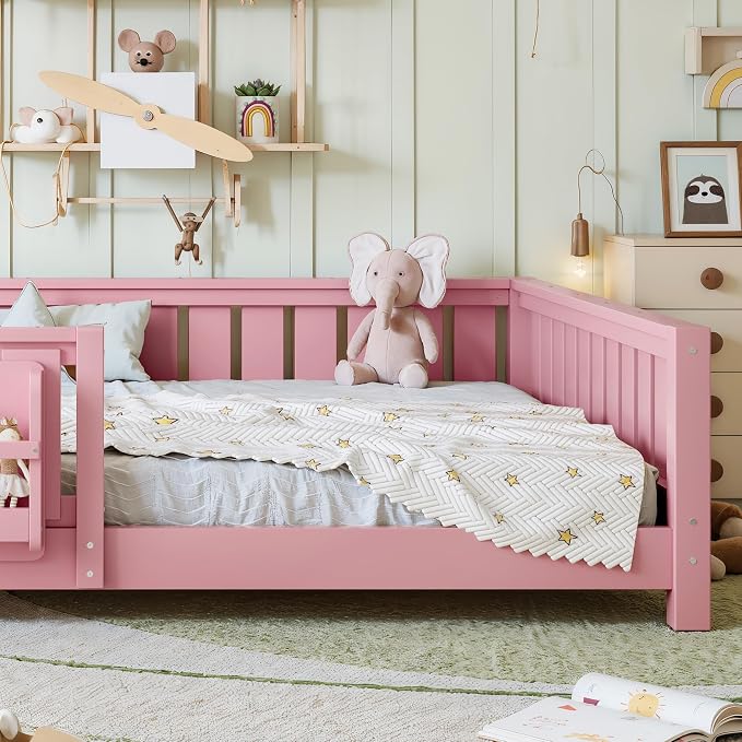 Bellemave Queen Size Floor Bed with Slats and Safety Guardrail, Queen Size Montessori Floor Bed with Fence and Built-in Bookshelf, Easy Assemble Montessori Beds for Girls, Boys, Pink
