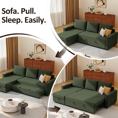 Ball & Cast 80" Sectional Sleeper Sofa Bed Pull Out Couches for Living Room | L Shaped Convertible Pull Out Sofa Bed with Storage Chaise, LED Lights, Foldable Table, USB Ports, Cup Holder and Side Pocket