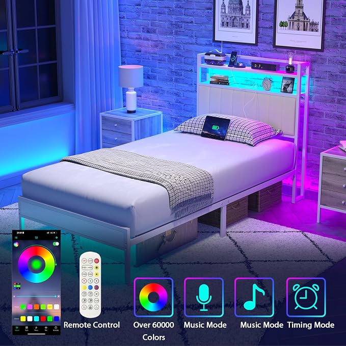 Twin Size Bed Frame with Upholstered Headboard and 2-Tier Storage Shelves | Metal / Charging Station / LED Lights / Under Bed Storage / Non-slip/ Noise Free / No Box Spring Needed / White