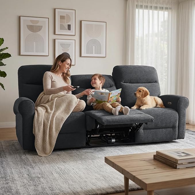 MCombo 87.8" Wall Hugger Power Reclining Sofa, 3-Seat Triple Recliner Couch with USB Ports, Rolled Arm Space Saving Recliner Sofa for Living Rooms Apartments RV, Fabric PR635M5 (Dark Grey)