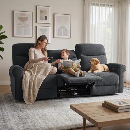 MCombo 87.8" Wall Hugger Power Reclining Sofa, 3-Seat Triple Recliner Couch with USB Ports, Rolled Arm Space Saving Recliner Sofa for Living Rooms Apartments RV, Fabric PR635M5 (Dark Grey)