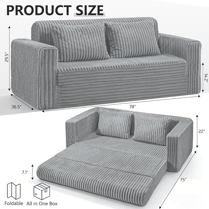 HABUTWAY 78" Loveseat Boneless Couch, 4-in-1 Convertible Sofa Bed, Plush Fur Folding Futon Sofa Bed Couches with 2 Pillows for Living Room, High-Density Foam Support, No Assembly Required, Light Grey