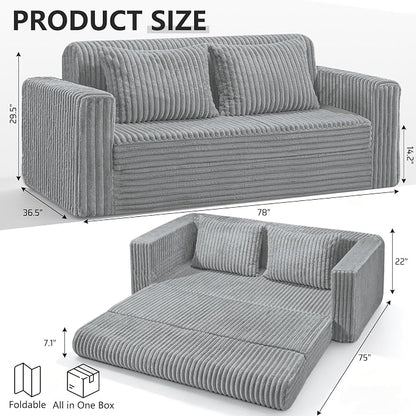 HABUTWAY 78" Loveseat Boneless Couch, 4-in-1 Convertible Sofa Bed, Plush Fur Folding Futon Sofa Bed Couches with 2 Pillows for Living Room, High-Density Foam Support, No Assembly Required, Light Grey
