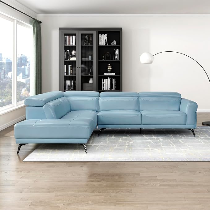 Lexicon L-Shaped Sectional Couch with Left Chaise, Top Grain Leather Match Sectional Sofa, Adjustable Headrests, Black Chrome Metal Legs, High-Density Cushions, Stitching, for Living Room, Blue