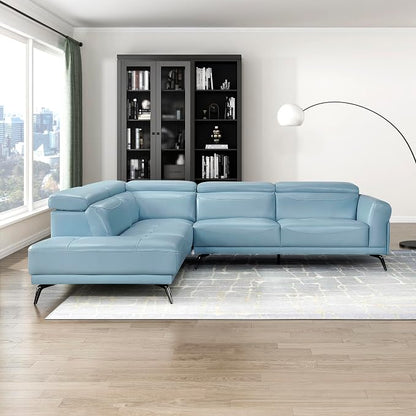 Lexicon L-Shaped Sectional Couch with Left Chaise, Top Grain Leather Match Sectional Sofa, Adjustable Headrests, Black Chrome Metal Legs, High-Density Cushions, Stitching, for Living Room, Blue