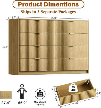 Furniway Mid Century Modern Dresser for Bedroom, 8 Drawer Wood Dresser with Fluted Front, 55" Wide Chest of Drawers for Closet, Living Room, Hallway, Natural Oak