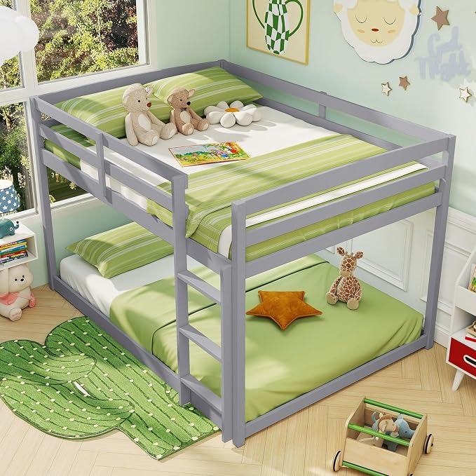 Giantex Full Over Full Bunk Bed, Solid Wood Kids Bunk Bed with Full-Length Guardrails, Integrated Ladder & Anti-Tippling Kits, Low Bunk Beds with Slats Support for Kids, Teens, Grey