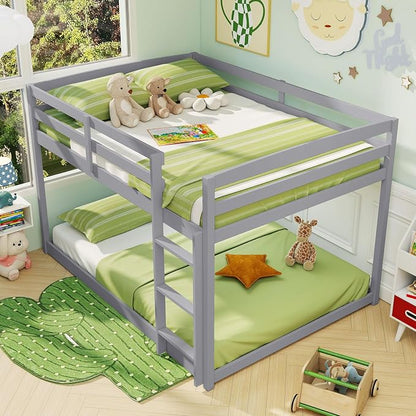 Giantex Full Over Full Bunk Bed, Solid Wood Kids Bunk Bed with Full-Length Guardrails, Integrated Ladder & Anti-Tippling Kits, Low Bunk Beds with Slats Support for Kids, Teens, Grey