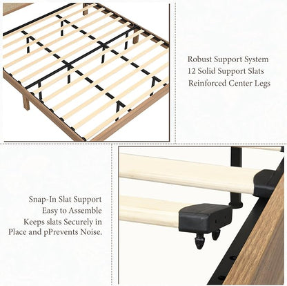 XIAO WEI 3-Piece Boho Bedroom Furniture Set, King Wood Bed Frame with Tall Rattan Headboard, Night Stand Set of 2 with Charging Station, Boho Modern Bedroom Furniture Set