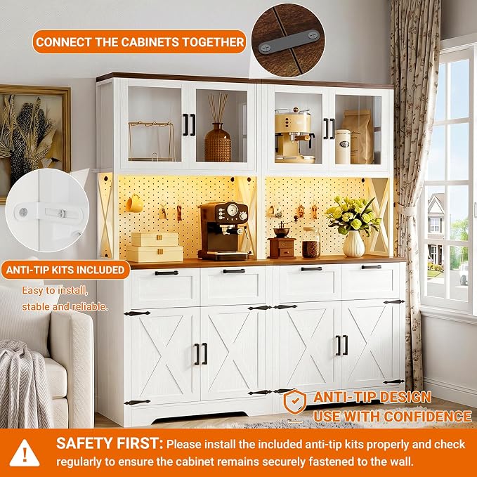 Unikito 71" Tall Kitchen Pantry Storage Cabinet with LED Light & Outlet, 63" Wide Kitchen Hutch Cabinet with Large Countertop, DIY Pegboard and Drawers, Farmhouse Food Pantry for Living Room,