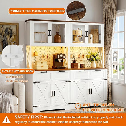 Unikito 71" Tall Kitchen Pantry Storage Cabinet with LED Light & Outlet, 63" Wide Kitchen Hutch Cabinet with Large Countertop, DIY Pegboard and Drawers, Farmhouse Food Pantry for Living Room,