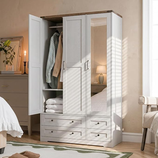 Brafab Armoire Wardrobe Closet with 3 Modern Doors and Mirror, 71" Tall Freestanding Cabinet with 4 Drawers, Hanging Rod, and 4 Shelves, Wooden Storage Organizer for Clothes, Bedroom