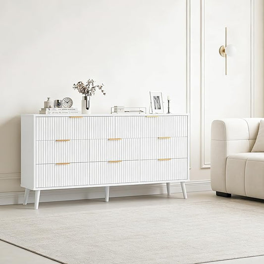 Fluted Dresser for Bedroom with 8 Drawers, Wooden Dresser with Metal Handle, White Dresser for Bedroom, Wood Closet for Hallway, Modern Storage Organizer for Living Room BDR104WW
