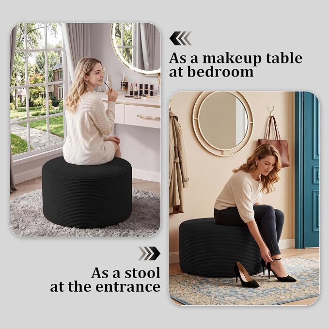 BSHOMGI Round Coffee Table Ottoman for Corduroy Cloud Sectional Couches in a Box Memory Foam Compressed Pouf Footstool Rest for Living Room, Bedroom, Makeup Room No Assembly Require(Black, 27.6")