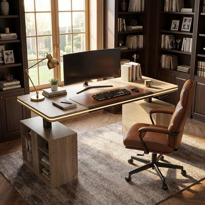 MOUMON 63" Executive Standing Desk with Storage Pedestals and LED Lights, Electric Height Adjustable Desk with Shelves and Built-in Outlets, for Home Office Oak and Black 63"W x 27.6"D x 29.4"-46.9"H