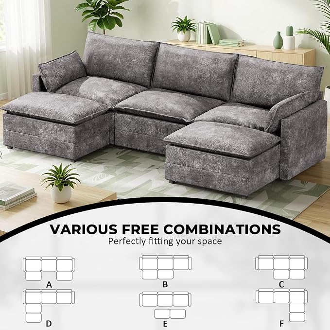 LEVELEVE 112.5" U-Shape Modular Sofa with 2 Ottomans, Deep Seat Cloud Convertible Sleeper, 2 Arm Pillows, Cozy Upholstered Furniture for Living Room Apartment, Dark Grey