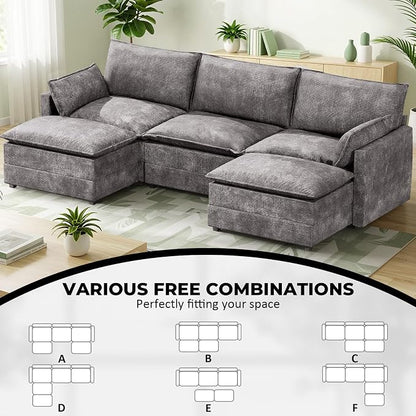 LEVELEVE 112.5" U-Shape Modular Sofa with 2 Ottomans, Deep Seat Cloud Convertible Sleeper, 2 Arm Pillows, Cozy Upholstered Furniture for Living Room Apartment, Dark Grey