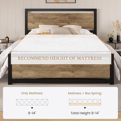 SHA CERLIN Heavy Duty Full Size Bed Frame with Modern Headboard，Brown | Platform Metal Base with Square Footboard and 13 Strong Slats Support, No Box Spring Needed