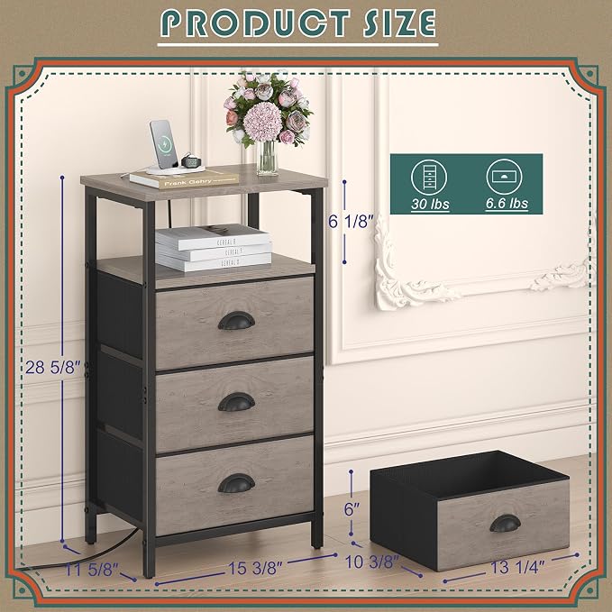 sthmec Nightstand with Charging Station,LED Nightstand with 3 Fabric Drawers, Bedside End Tables, 2-Tier Open Storage Shelf, Side Table Nightstand with Drawers for Bedroom,Grey