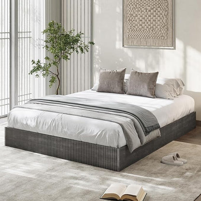Garvee Full Bed Frame, Wood Platform Bed with Fluted Design, Low Profile BedFrame, Minimalist Bed Base with Noise-Free, Easy Assembly, No Box Spring Needed, Charcoal Grey