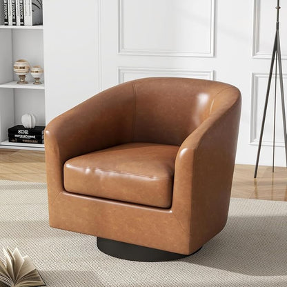 Faux Leather Swivel Barrel Accent Chair, Upholstered Armchair Club Chair for Living Room, Round Arm Chair Bedroom Single Sofa Reading Seat - Brown